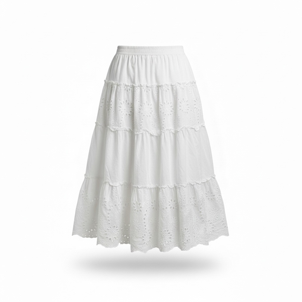 Elegant White Eyelet Midi Skirt